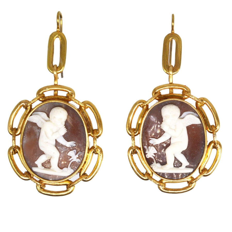 Large 19th Century 15ct Gold Cameo Earrings of Cupid and a Butterfly | Parkin and Gerrish | Antique & Vintage Jewellery