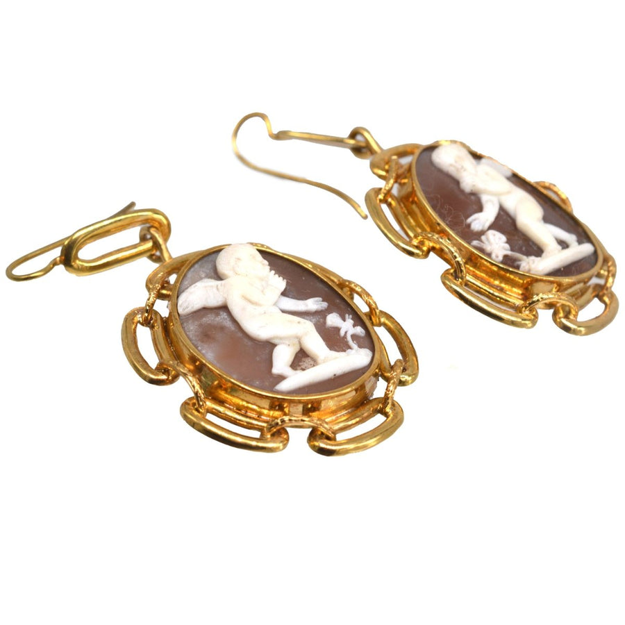 Large 19th Century 15ct Gold Cameo Earrings of Cupid and a Butterfly | Parkin and Gerrish | Antique & Vintage Jewellery