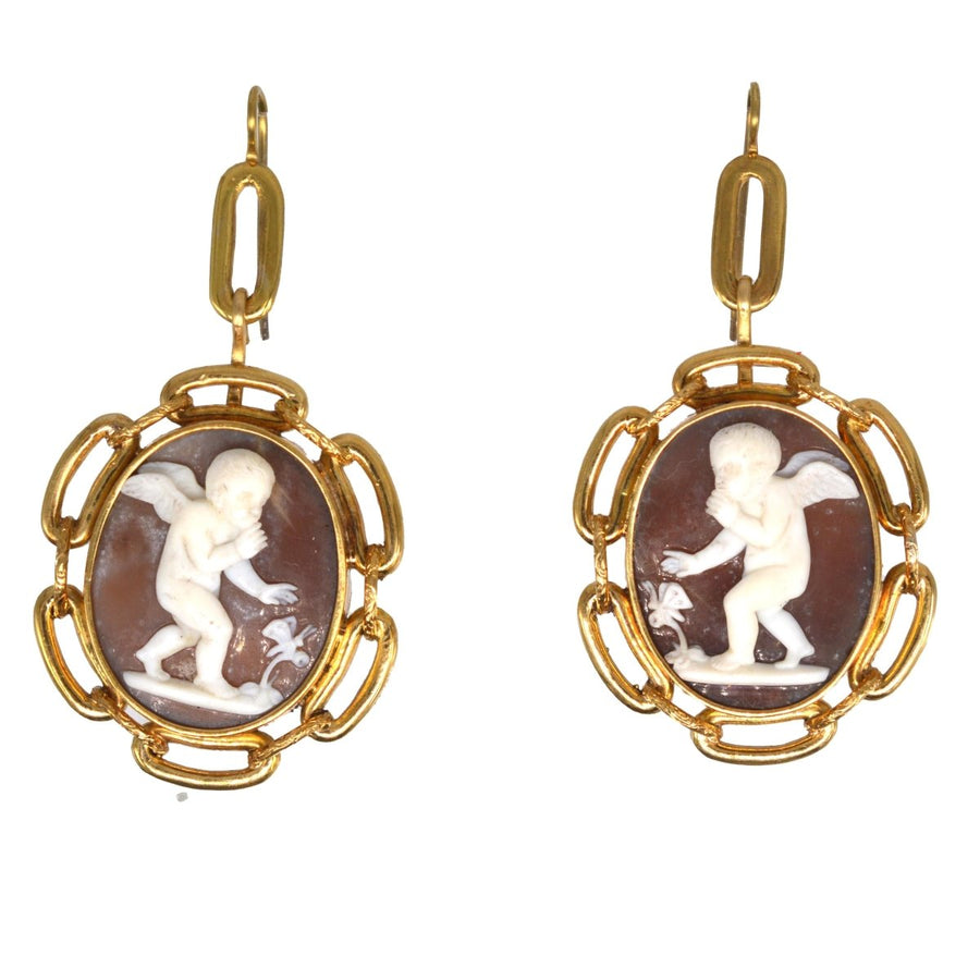 Large 19th Century 15ct Gold Cameo Earrings of Cupid and a Butterfly | Parkin and Gerrish | Antique & Vintage Jewellery