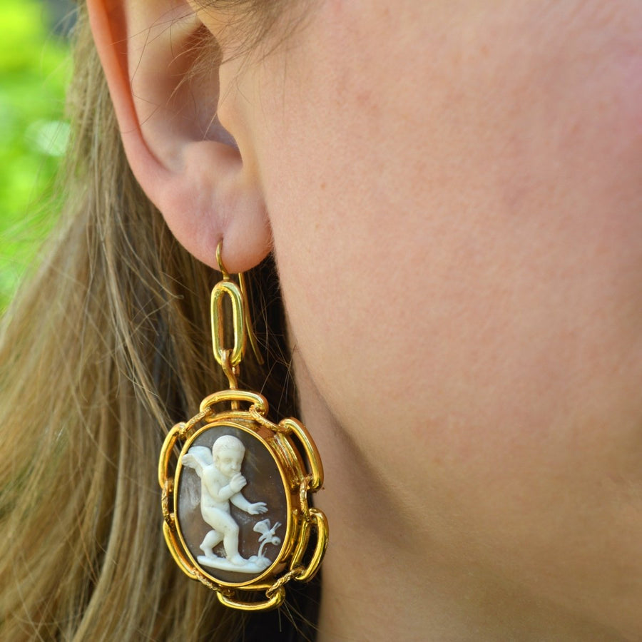 Large 19th Century 15ct Gold Cameo Earrings of Cupid and a Butterfly | Parkin and Gerrish | Antique & Vintage Jewellery