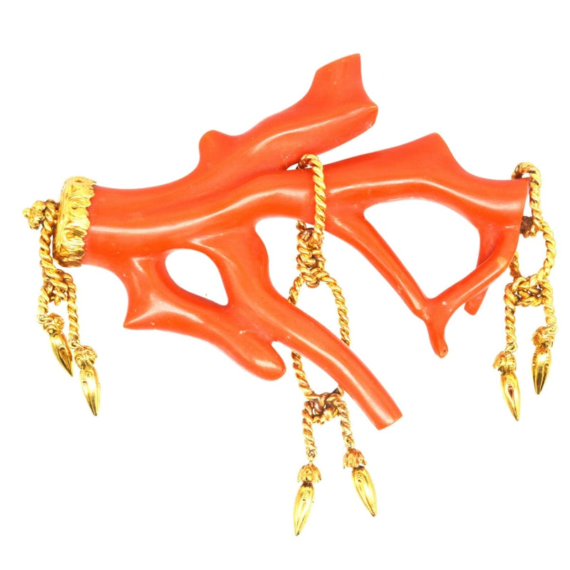 Large 19th Century Corallium Rubrum (Red Coral) Branch Brooch with Gold rope tassel details