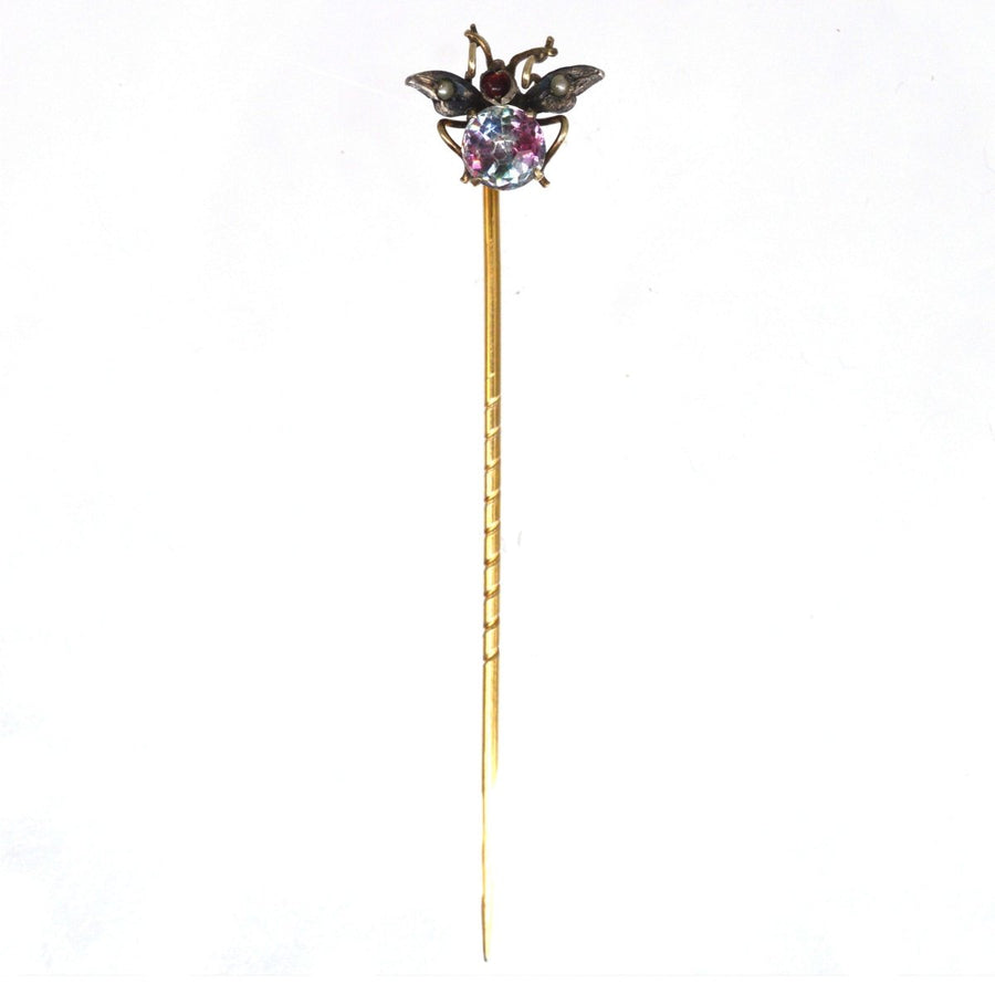 Late 19th Century Silver & Gold Fly Bug Tie Pin with Iris Glass, Seed Pearls & Paste | Parkin and Gerrish | Antique & Vintage Jewellery
