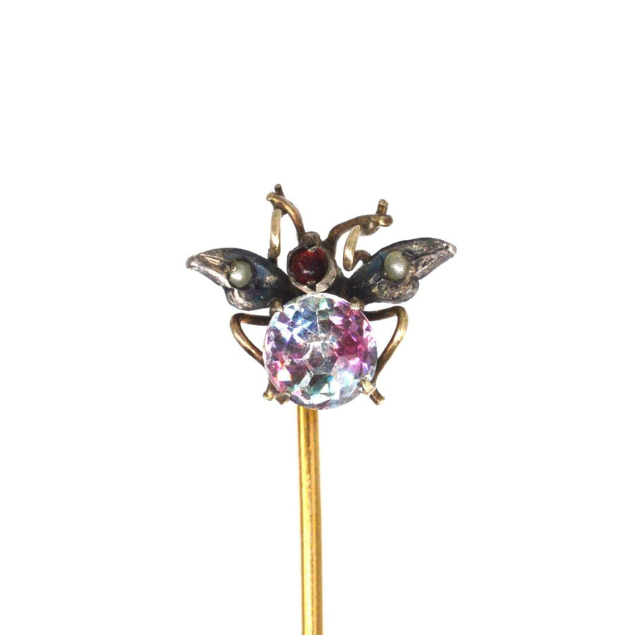 Late 19th Century Silver & Gold Fly Bug Tie Pin with Iris Glass, Seed Pearls & Paste | Parkin and Gerrish | Antique & Vintage Jewellery