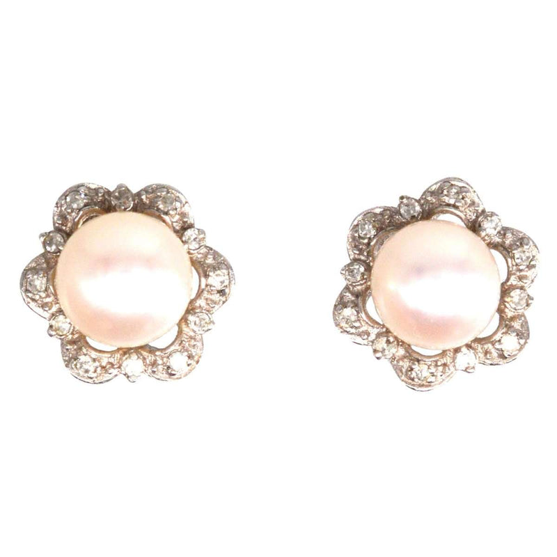 Mid Century 9ct White Gold Pearl and Diamond Star Cluster Earrings