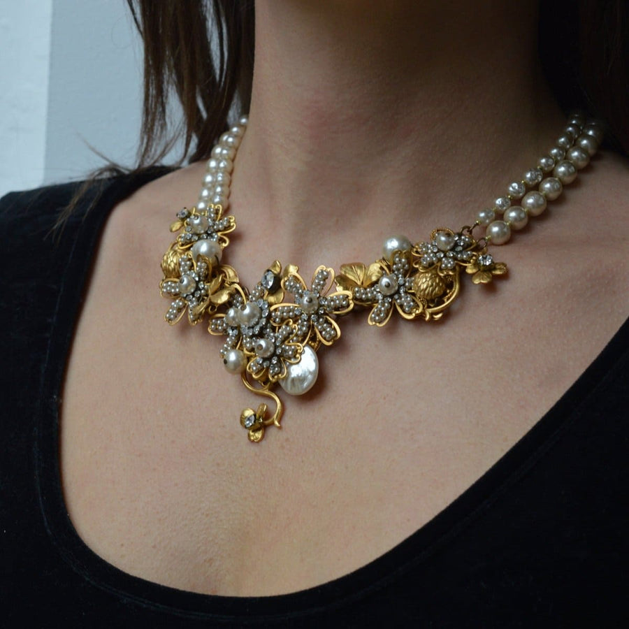 Miriam Haskell Signed Faux Pearl and Gold - Tone Floral Necklace | Parkin and Gerrish | Antique & Vintage Jewellery