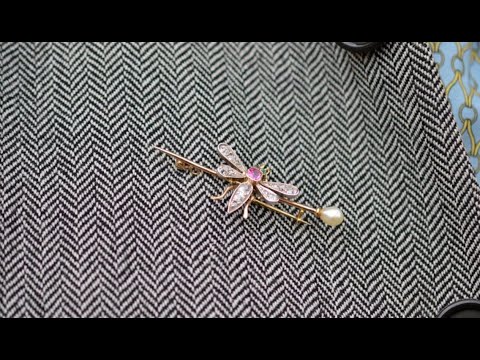 Edwardian Platinum & 18ct Gold, Pink Sapphire, Emerald, Diamond and Natural Pearl Bug brooch