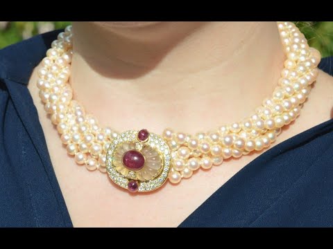 Mid Century French 18ct Gold Cultured Pearl Torsade necklace with Diamond, Rock Crystal and Ruby Clasp