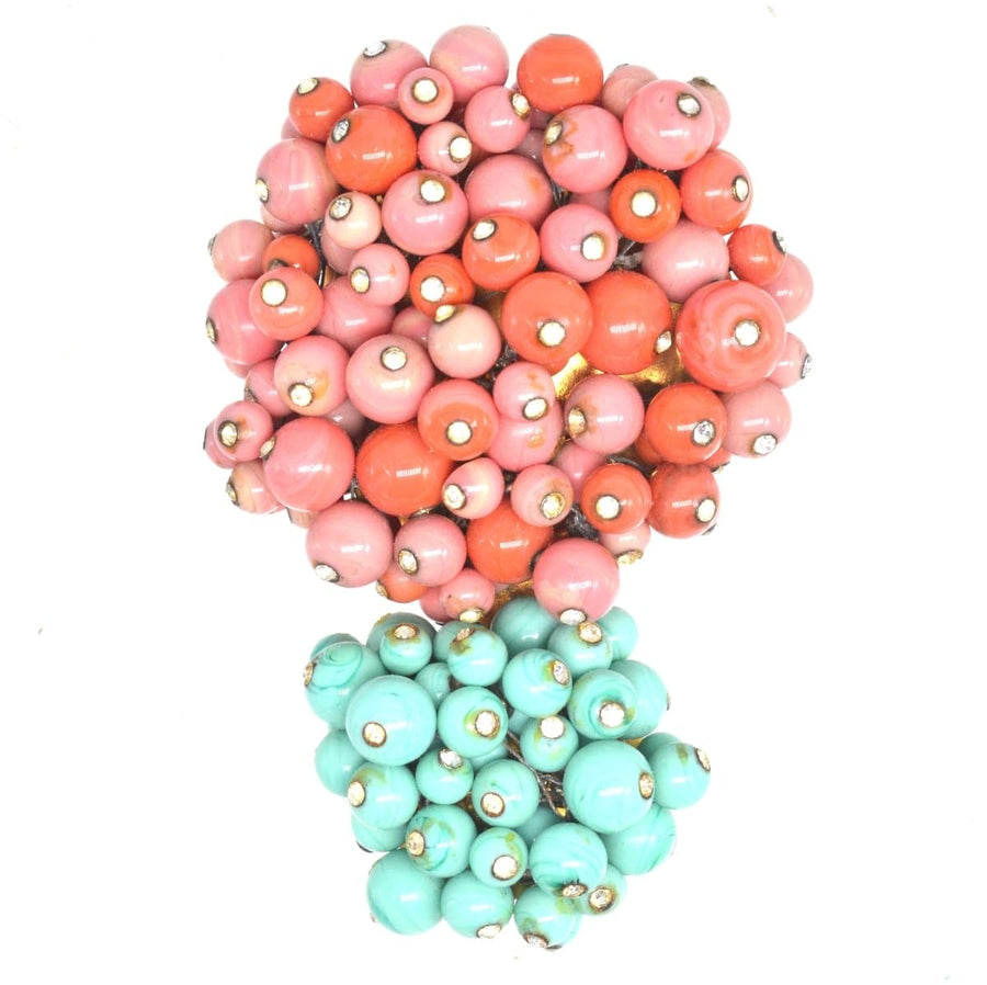 Rare Gripoix Brooch with Coral and Blue Turquoise Glass Paste and Rhinestones | Parkin and Gerrish | Antique & Vintage Jewellery