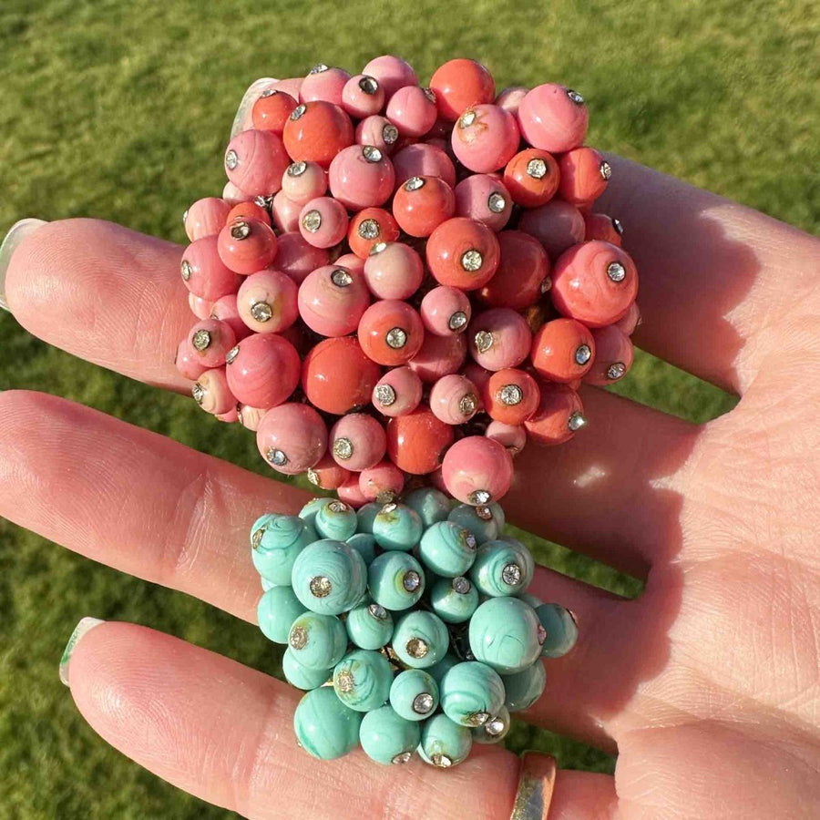 Rare Gripoix Brooch with Coral and Blue Turquoise Glass Paste and Rhinestones | Parkin and Gerrish | Antique & Vintage Jewellery