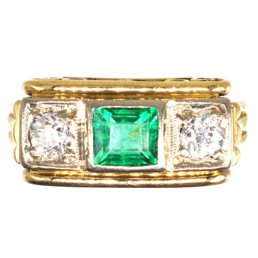 Retro 14ct Gold Emerald and Diamond Ring with Scrollwork Gallery | Parkin and Gerrish | Antique & Vintage Jewellery