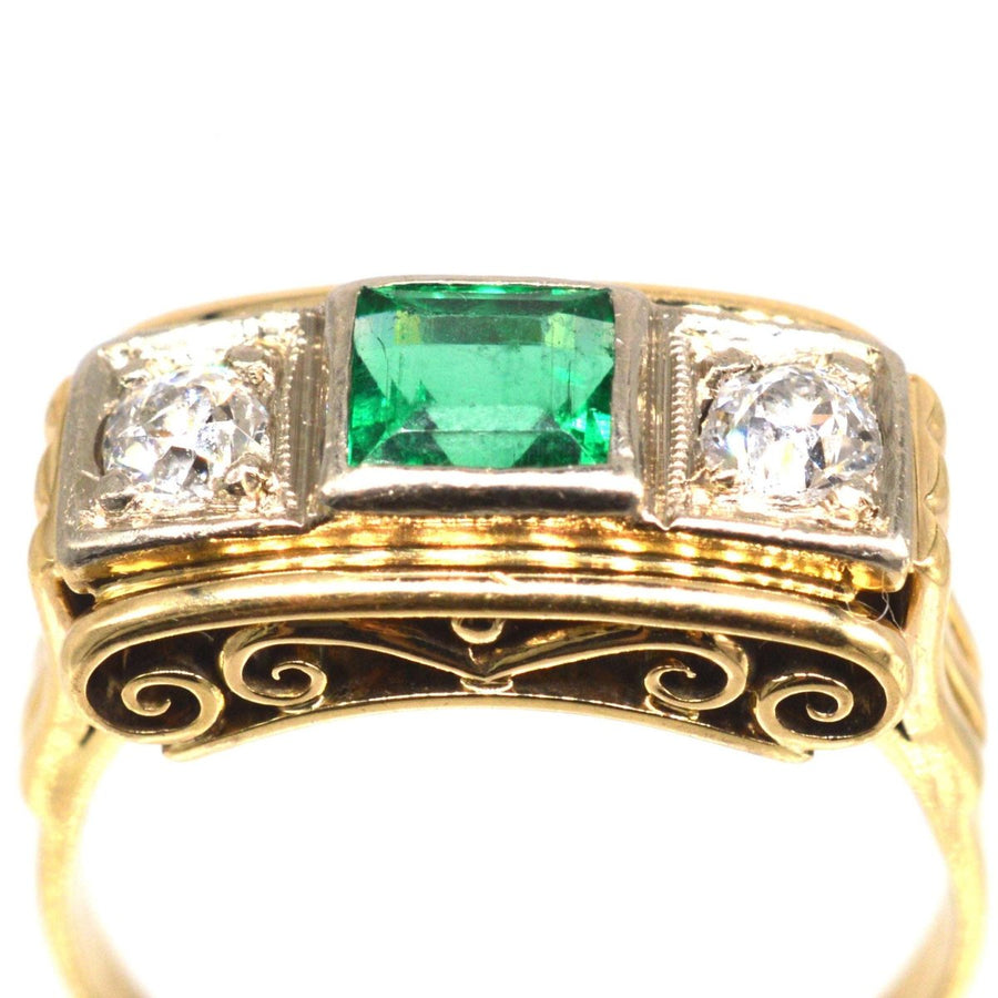 Retro 14ct Gold Emerald and Diamond Ring with Scrollwork Gallery | Parkin and Gerrish | Antique & Vintage Jewellery