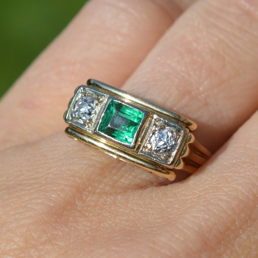 Retro 14ct Gold Emerald and Diamond Ring with Scrollwork Gallery | Parkin and Gerrish | Antique & Vintage Jewellery