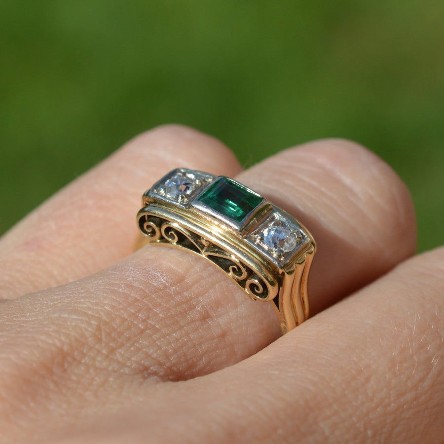 Retro 14ct Gold Emerald and Diamond Ring with Scrollwork Gallery | Parkin and Gerrish | Antique & Vintage Jewellery