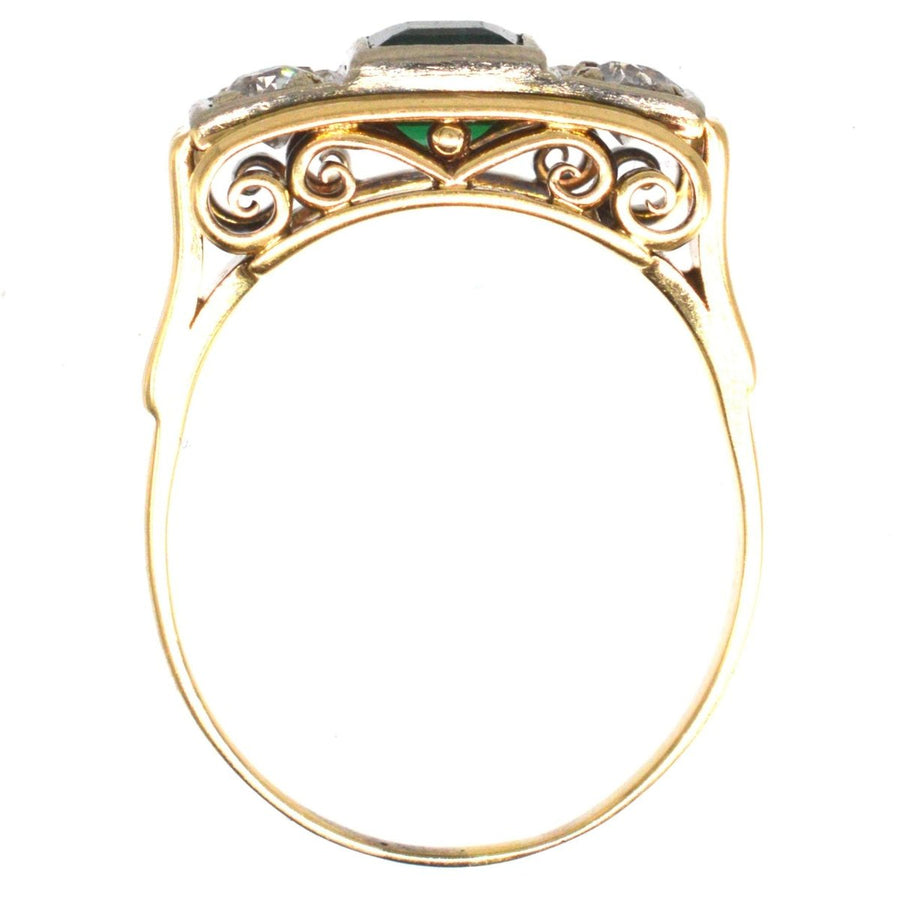 Retro 14ct Gold Emerald and Diamond Ring with Scrollwork Gallery | Parkin and Gerrish | Antique & Vintage Jewellery