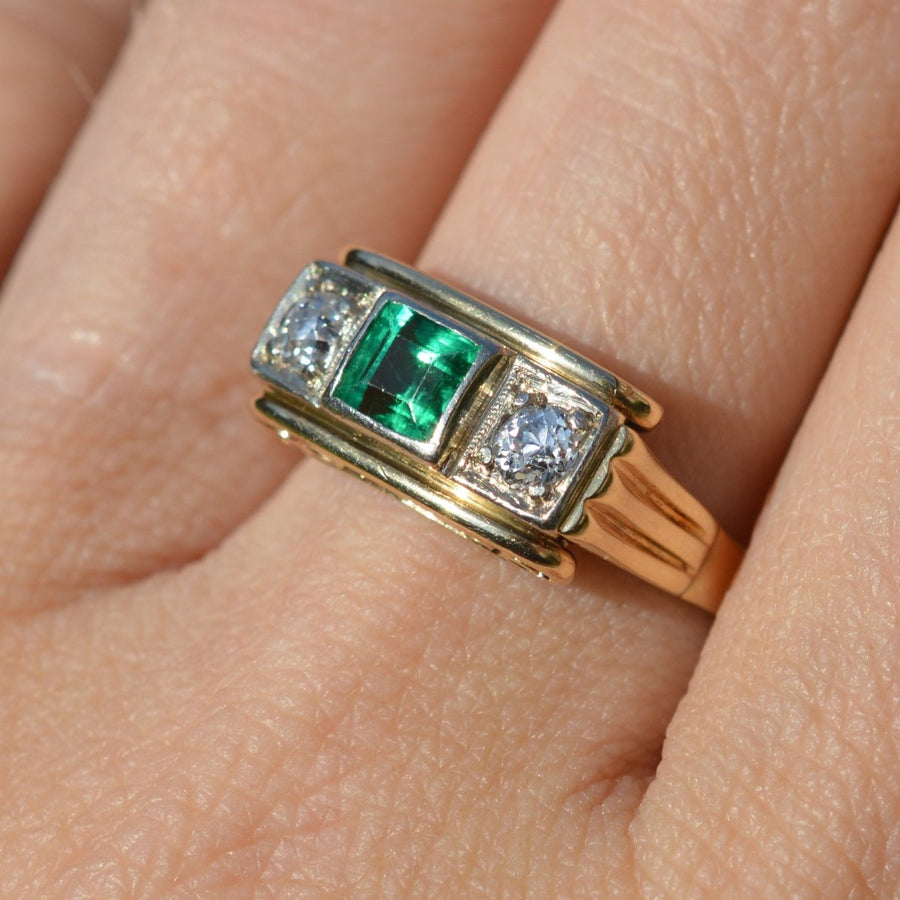 Retro 14ct Gold Emerald and Diamond Ring with Scrollwork Gallery | Parkin and Gerrish | Antique & Vintage Jewellery