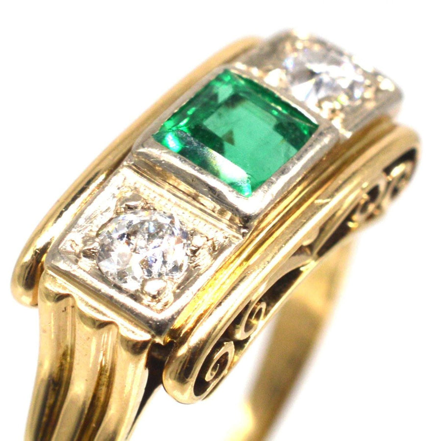Retro 14ct Gold Emerald and Diamond Ring with Scrollwork Gallery | Parkin and Gerrish | Antique & Vintage Jewellery