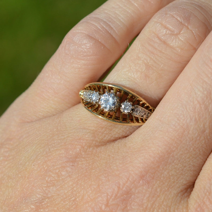 Retro 18ct Gold Diamond Ring with Openwork Fan Gallery | Parkin and Gerrish | Antique & Vintage Jewellery