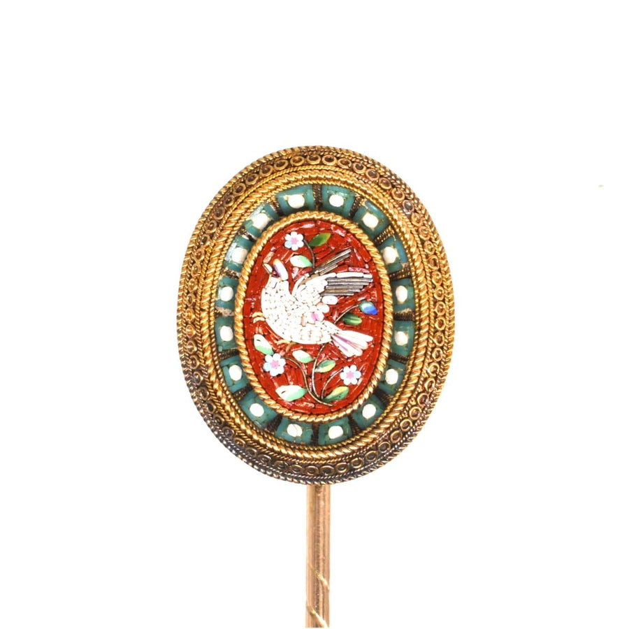 Victorian 15ct Gold Etruscan Revival Micromosaic Tie Pin of a Dove | Parkin and Gerrish | Antique & Vintage Jewellery