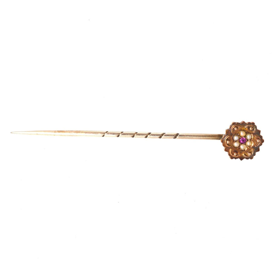 Victorian 15ct Gold Pearl and Ruby Cluster Tie Pin | Parkin and Gerrish | Antique & Vintage Jewellery