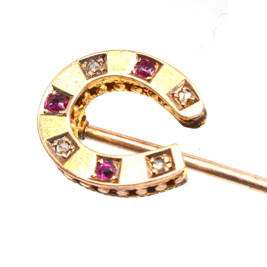 Victorian 15ct Gold Ruby and Diamond Horseshoe Tie Pin | Parkin and Gerrish | Antique & Vintage Jewellery