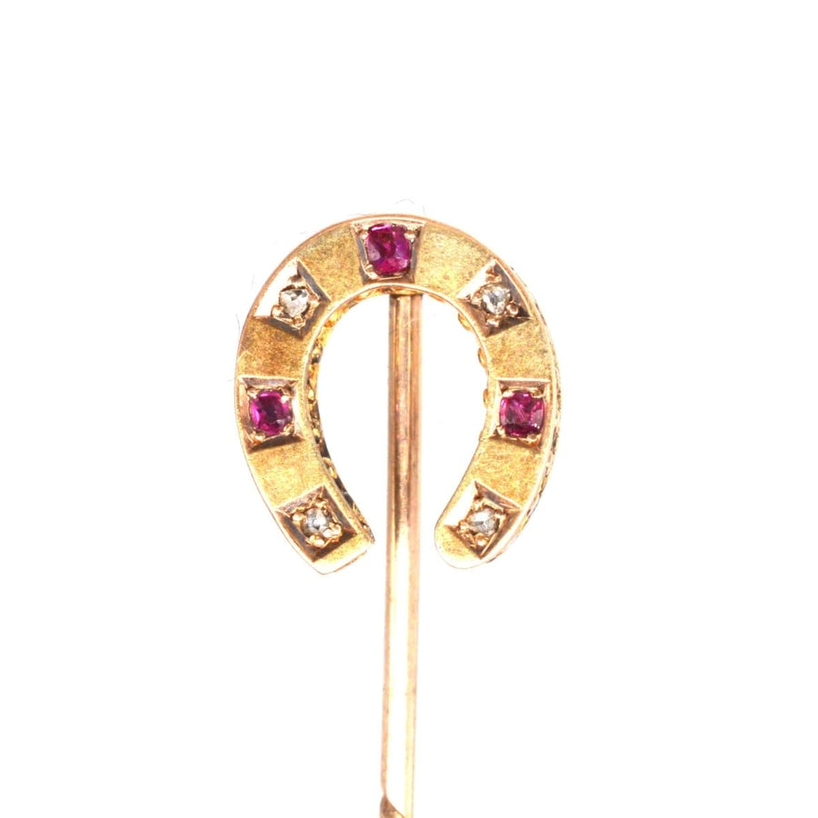 Victorian 15ct Gold Ruby and Diamond Horseshoe Tie Pin | Parkin and Gerrish | Antique & Vintage Jewellery