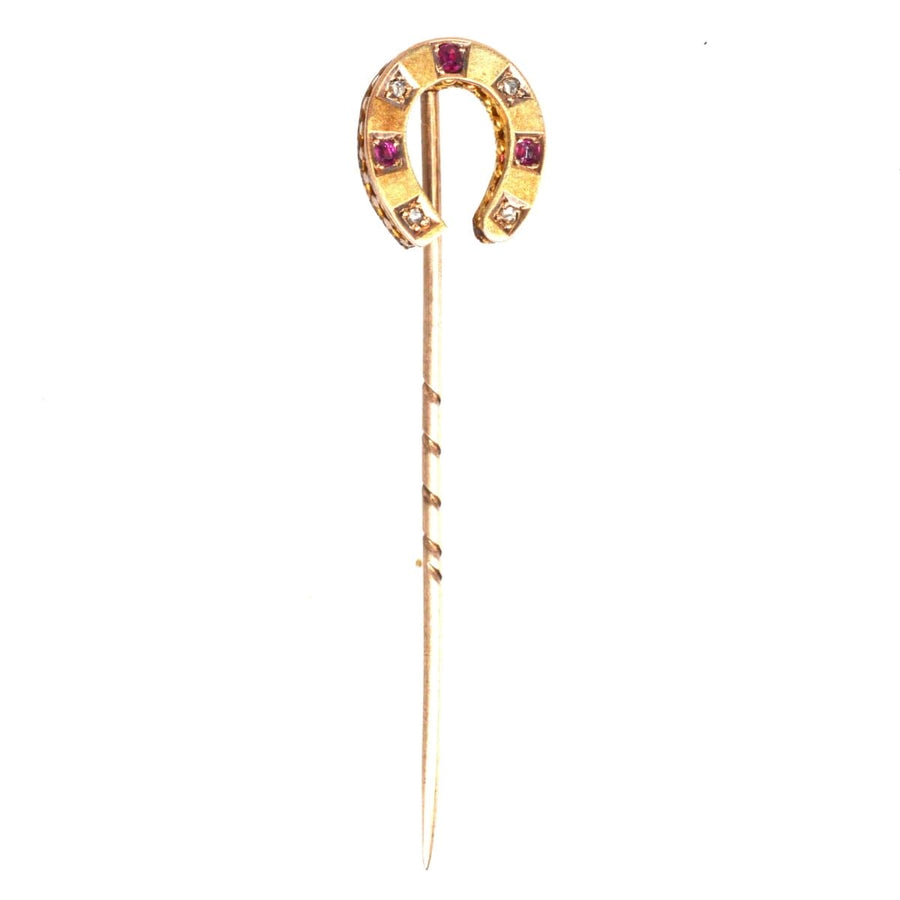 Victorian 15ct Gold Ruby and Diamond Horseshoe Tie Pin | Parkin and Gerrish | Antique & Vintage Jewellery