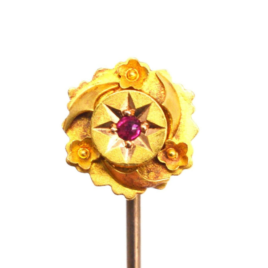 Victorian 15ct Gold Ruby Star Tie Pin with Floral Details | Parkin and Gerrish | Antique & Vintage Jewellery