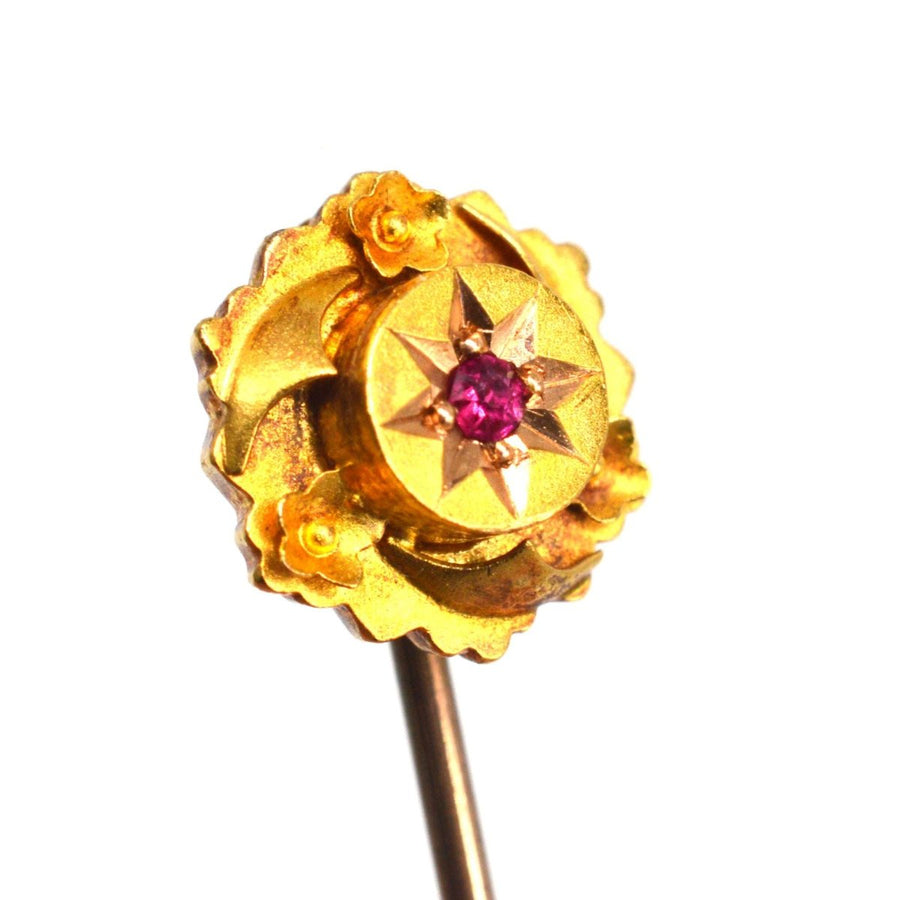 Victorian 15ct Gold Ruby Star Tie Pin with Floral Details | Parkin and Gerrish | Antique & Vintage Jewellery