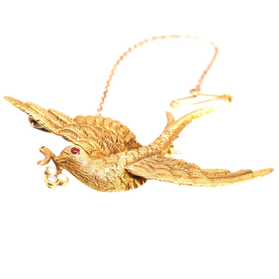 Victorian 15ct Gold Swallow Bird with a Seed Pearl Flower | Parkin and Gerrish | Antique & Vintage Jewellery