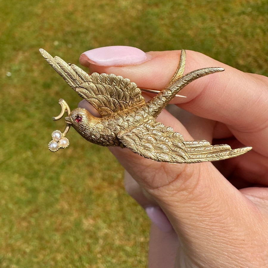 Victorian 15ct Gold Swallow Bird with a Seed Pearl Flower | Parkin and Gerrish | Antique & Vintage Jewellery