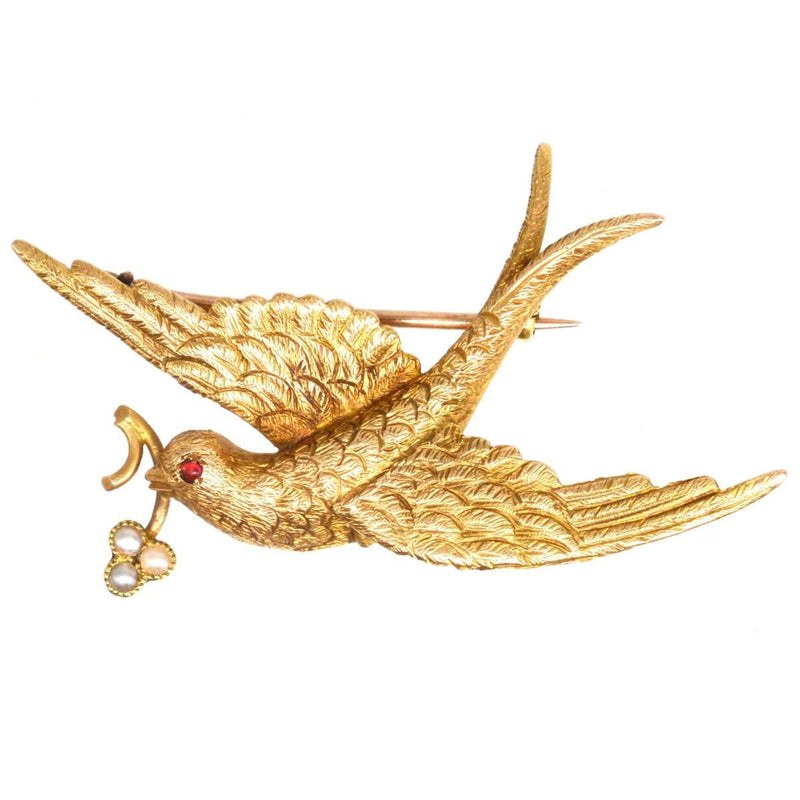 Victorian 15ct Gold Swallow Bird Brooch with a Seed Pearl Flower