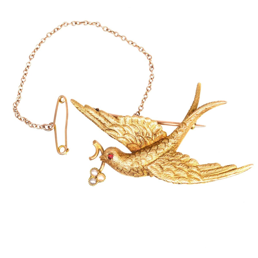 Victorian 15ct Gold Swallow Bird with a Seed Pearl Flower | Parkin and Gerrish | Antique & Vintage Jewellery