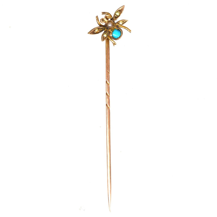 Victorian 15ct Gold Turquoise & Seed Pearl Insect Tie Pin | Parkin and Gerrish | Antique & Vintage Jewellery