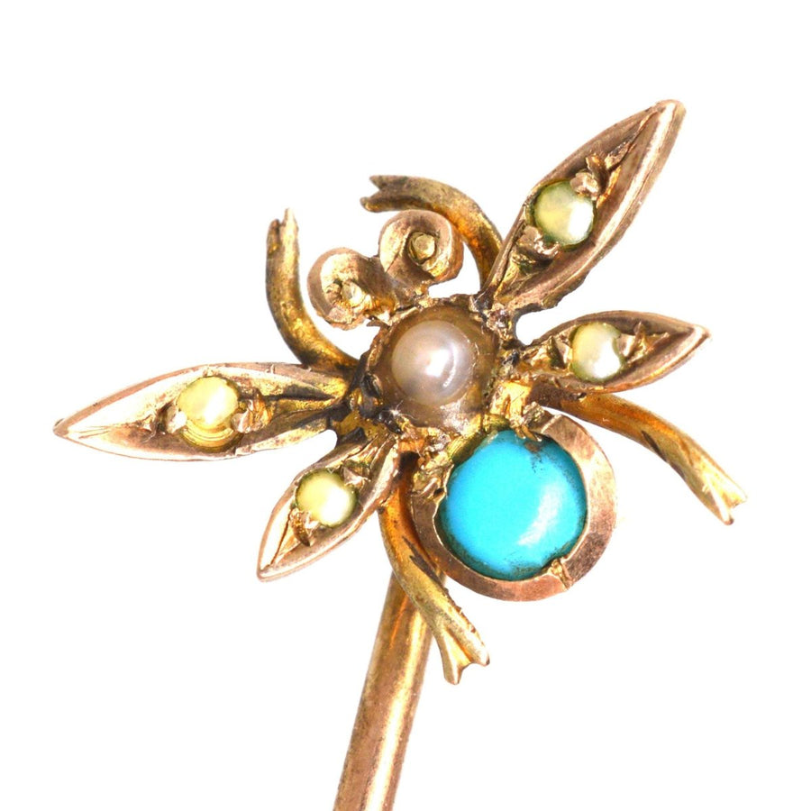 Victorian 15ct Gold Turquoise & Seed Pearl Insect Tie Pin | Parkin and Gerrish | Antique & Vintage Jewellery