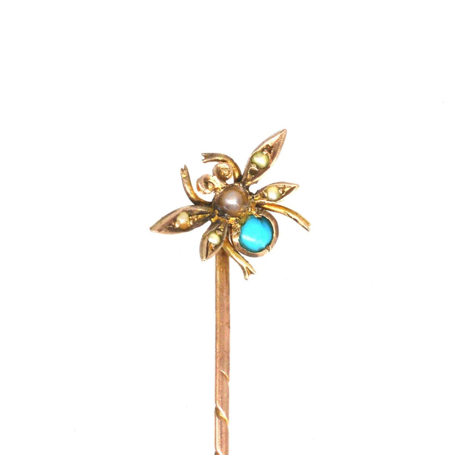 Victorian 15ct Gold Turquoise & Seed Pearl Insect Tie Pin | Parkin and Gerrish | Antique & Vintage Jewellery