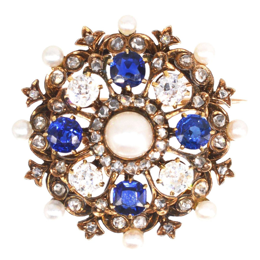 Victorian 18ct Gold Diamond, Sapphire and Natural Pearl Brooch/Pendant | Parkin and Gerrish | Antique & Vintage Jewellery