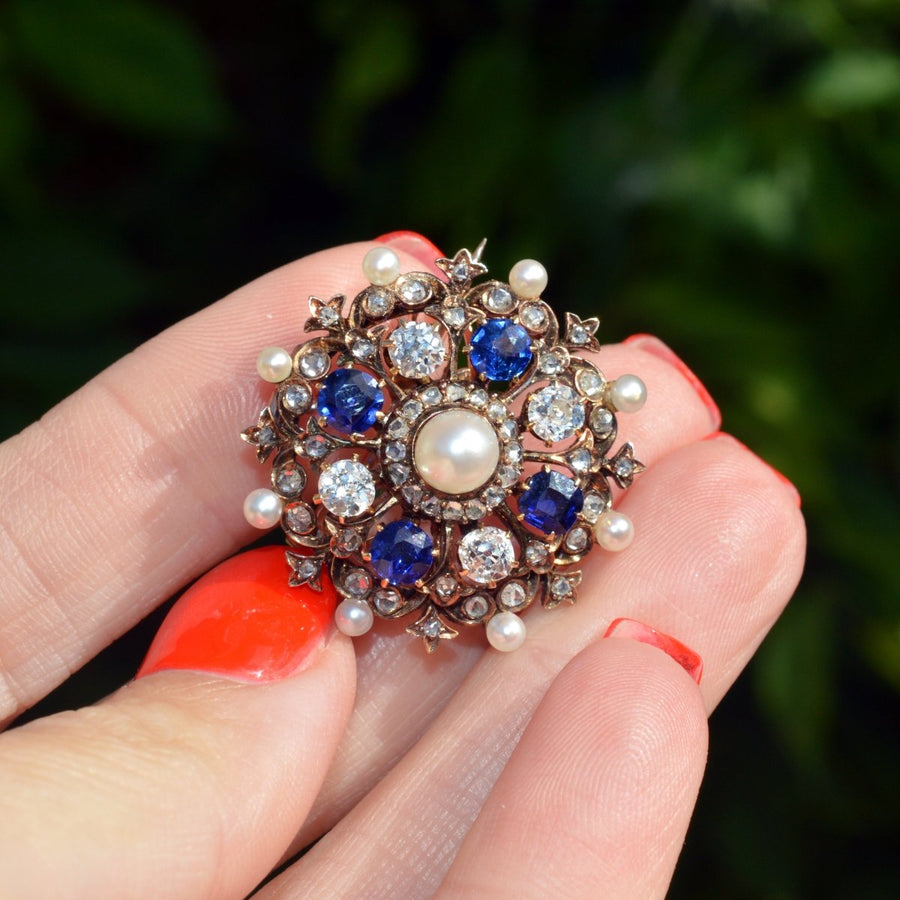 Victorian 18ct Gold Diamond, Sapphire and Natural Pearl Brooch/Pendant | Parkin and Gerrish | Antique & Vintage Jewellery