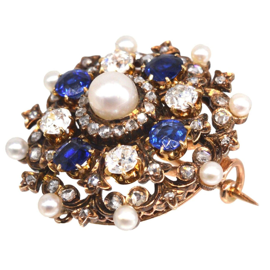 Victorian 18ct Gold Diamond, Sapphire and Natural Pearl Brooch/Pendant | Parkin and Gerrish | Antique & Vintage Jewellery
