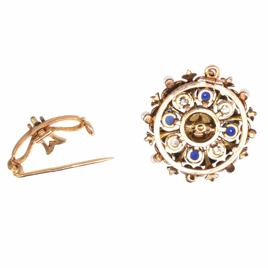 Victorian 18ct Gold Diamond, Sapphire and Natural Pearl Brooch/Pendant | Parkin and Gerrish | Antique & Vintage Jewellery
