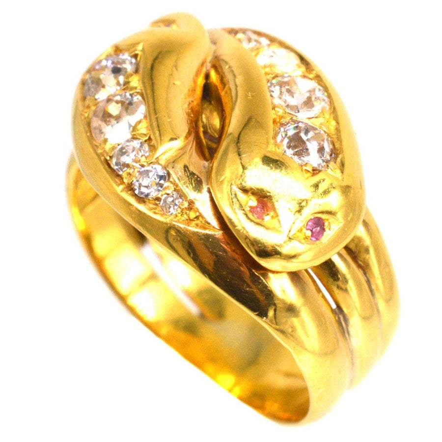 Victorian 18ct Gold Double Snake Ring Set with Diamonds and Ruby Eyes | Parkin and Gerrish | Antique & Vintage Jewellery