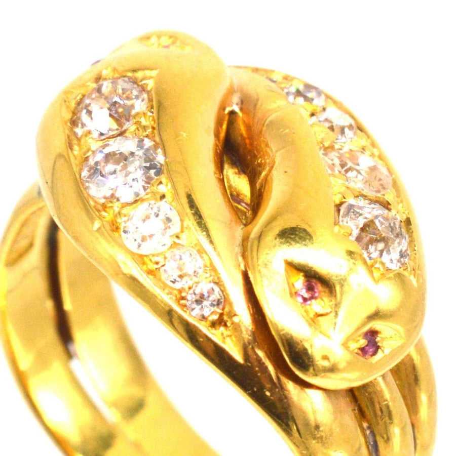 Victorian 18ct Gold Double Snake Ring Set with Diamonds and Ruby Eyes | Parkin and Gerrish | Antique & Vintage Jewellery