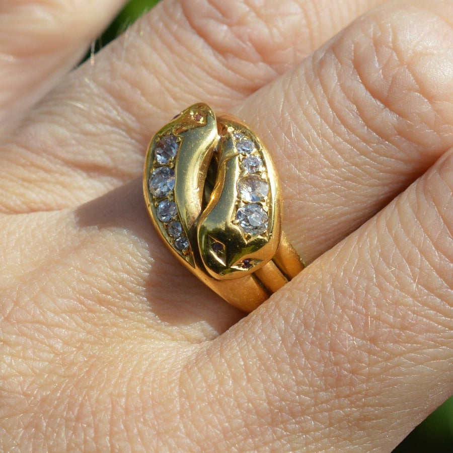 Victorian 18ct Gold Double Snake Ring Set with Diamonds and Ruby Eyes | Parkin and Gerrish | Antique & Vintage Jewellery