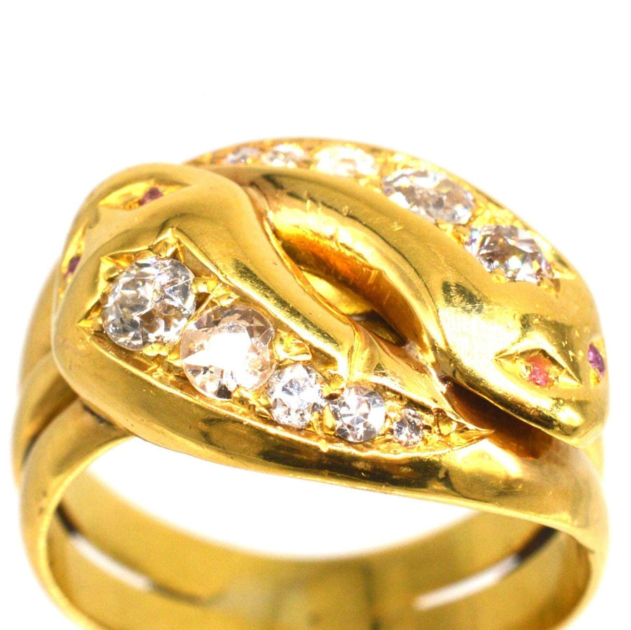 Victorian 18ct Gold Double Snake Ring Set with Diamonds and Ruby Eyes | Parkin and Gerrish | Antique & Vintage Jewellery