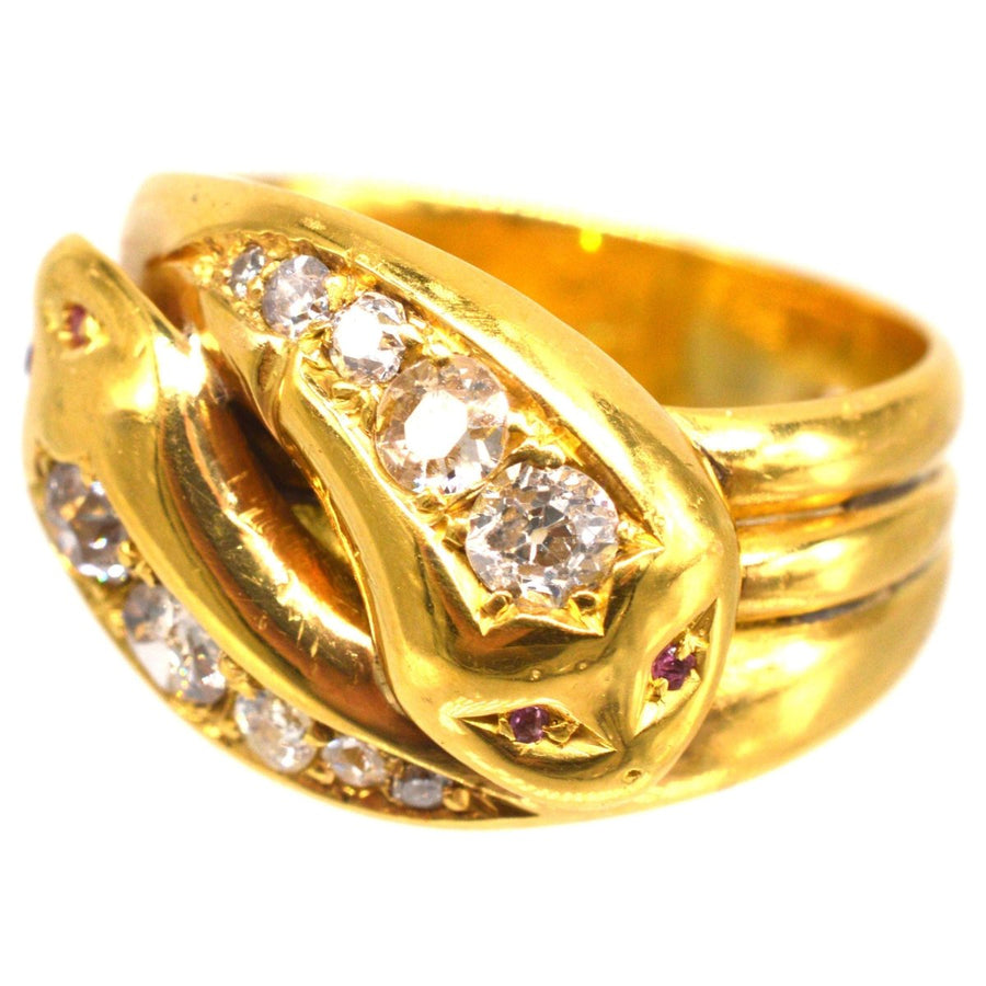 Victorian 18ct Gold Double Snake Ring Set with Diamonds and Ruby Eyes | Parkin and Gerrish | Antique & Vintage Jewellery