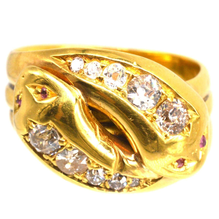 Victorian 18ct Gold Double Snake Ring Set with Diamonds and Ruby Eyes | Parkin and Gerrish | Antique & Vintage Jewellery