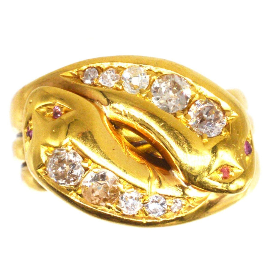 Victorian 18ct Gold Double Snake Ring Set with Diamonds and Ruby Eyes | Parkin and Gerrish | Antique & Vintage Jewellery