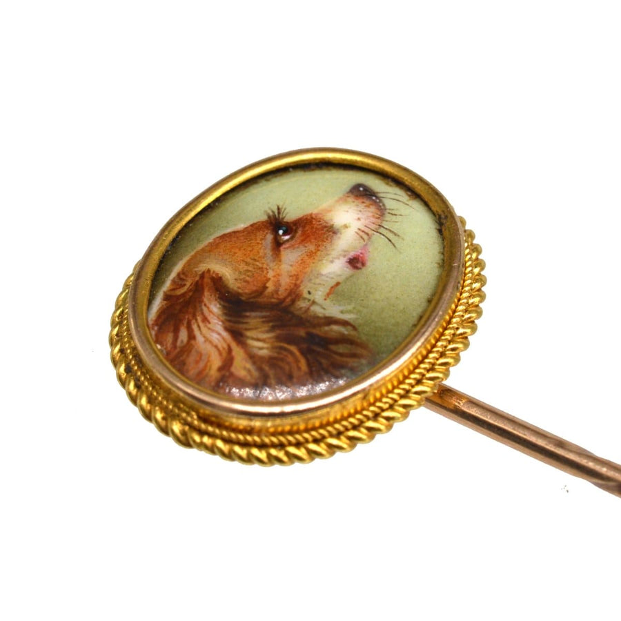 Victorian 18ct Gold Painted Miniature of a Spaniel Dog Tie Pin After Armfield | Parkin and Gerrish | Antique & Vintage Jewellery