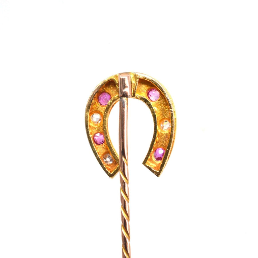 Victorian 18ct Gold Ruby and Diamond Horseshoe Tie Pin | Parkin and Gerrish | Antique & Vintage Jewellery