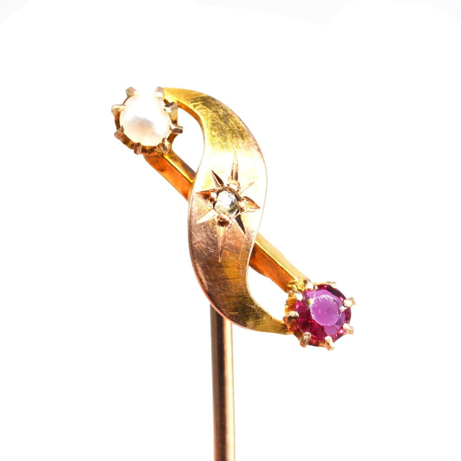 Victorian 9ct Gold Pearl, Ruby and Star - Set Diamond Tie Pin | Parkin and Gerrish | Antique & Vintage Jewellery