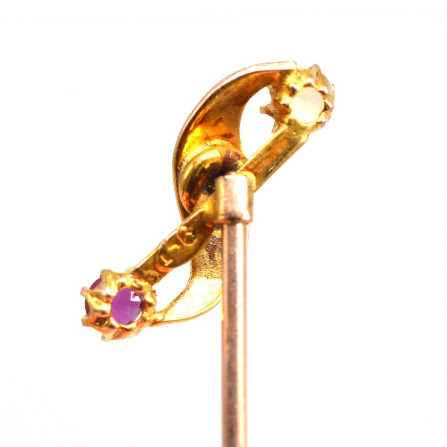 Victorian 9ct Gold Pearl, Ruby and Star - Set Diamond Tie Pin | Parkin and Gerrish | Antique & Vintage Jewellery